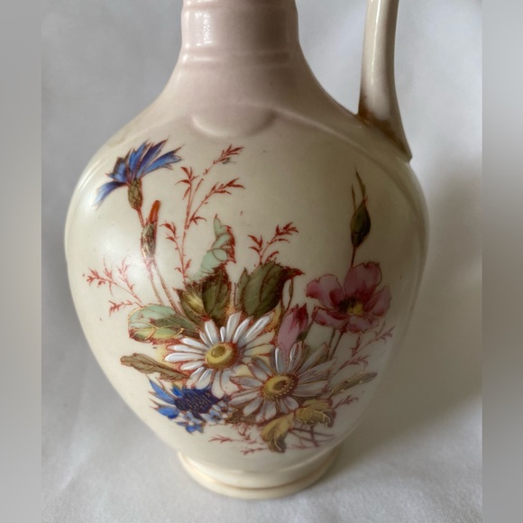 Antique Hand Painted Floral Porcelain Ewer Vase With Handle Unique Shape Marked - Picture 4 of 6